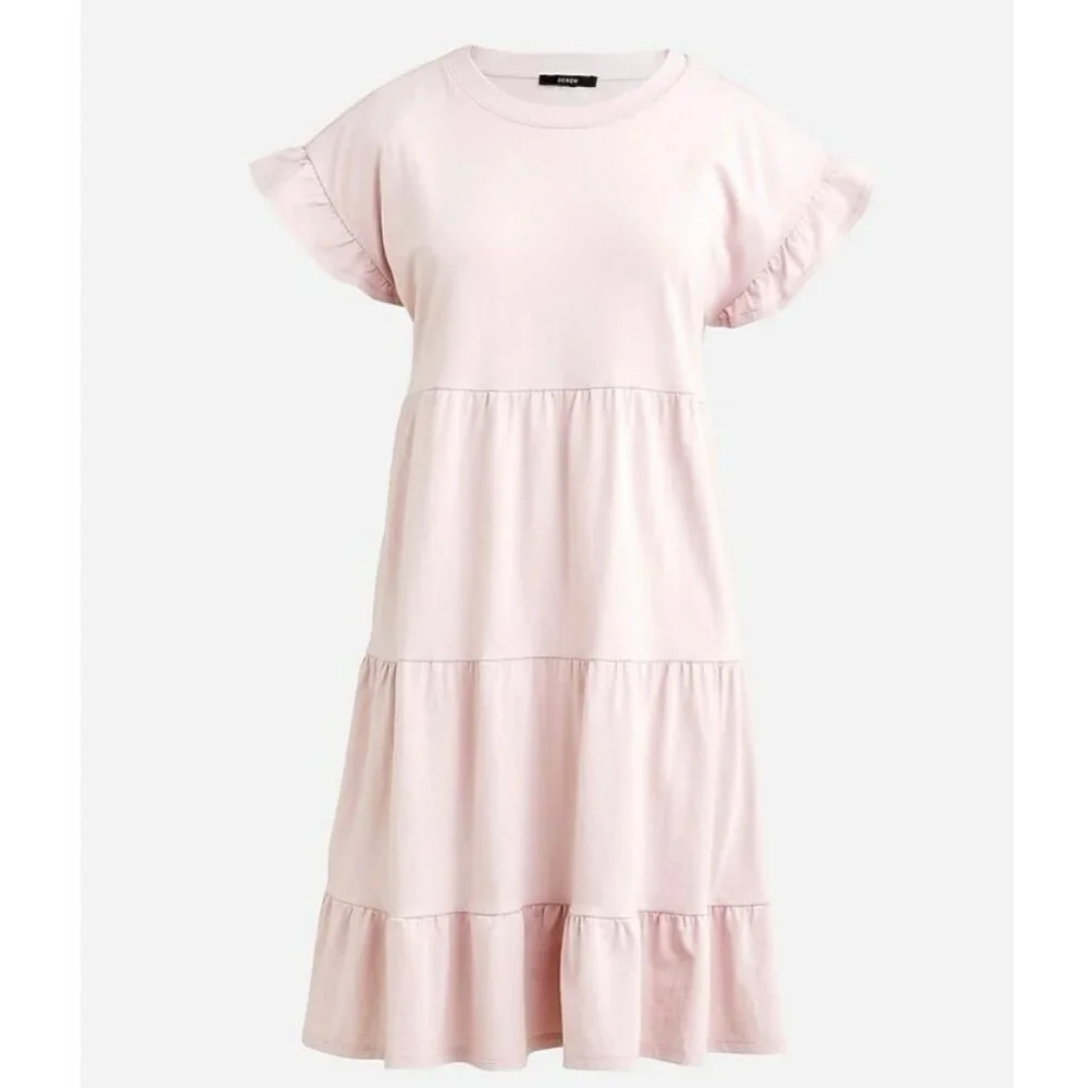 J.Crew Reimagined Tiered Ruffle Sleeve Dress Pink Cotton Jersey Women’s XS EUC